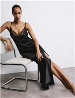 Rosie Satin Lace Trim Strappy Long Chemise Black