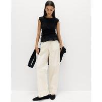 M&S Pure Cotton Poplin Pull On Straight Leg Trousers Ecru