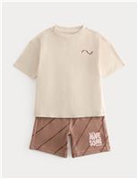 M&S 2 Piece Pure Cotton Graphic Outfit (2-8 Yrs) Brown Mix