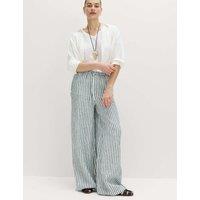 M&S Pure Linen Wide Leg Palazzo Trousers Black Mix