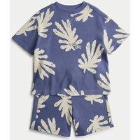 M&S 2 Piece Pure Cotton Printed Waffle Outfit (2-8 Yrs) Blue Mix