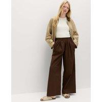 M&S Pure Cotton Poplin Pull On Super Wide Leg Trousers Bitter Chocolate