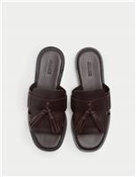 Leather Tassel Flat Loafer Mules