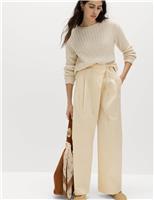 M&S Cotton Rich Wrap Tie Wide Leg Trousers Ecru