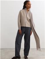 JAEGER Pure Merino Wool Ribbed Zip Up Cardigan Taupe