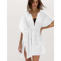 M&S Pure Cotton Tie Detail Mini Kaftan Dress Soft White