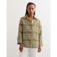 JAEGER Pure Linen Dash Printed Popover Blouse Green Mix