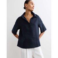 JAEGER Pure Linen Popover Blouse Navy