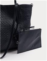 JAEGER Leather Woven Top Handle Tote Bag Navy