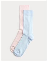 2 Pack Cotton Rich Ribbed Crew Socks