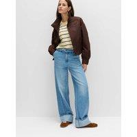 M&S Pure Cotton Belted Wide Leg Turn Up Jeans Medium Indigo