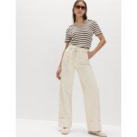 M&S Pure Cotton Belted Wide Leg Turn Up Jeans Ecru