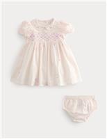 M&S Pure Cotton Smock Dress with Knickers (0-3 Yrs) Blue