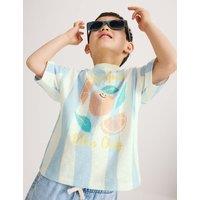 Pure Cotton Striped Graphic T-Shirt (2-8 Yrs) Light Blue
