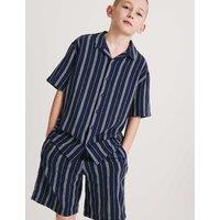 M&S Pure Cotton Textured Stripe Shirt (6-16 Yrs) Navy