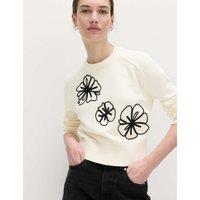 M&S Cotton Rich Embroidered Crew Neck Jumper White Mix
