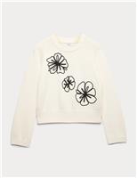 M&S Cotton Rich Embroidered Crew Neck Jumper White Mix
