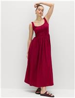 M&S Linen Rich Scoop Neck Lace Insert Midi Waisted Dress Raspberry