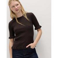M&S Ribbed Frill Detail Knitted Top Bitter Chocolate