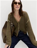 M&S Cotton Rich Textured V-Neck Whipstitch Cardigan Dark Khaki