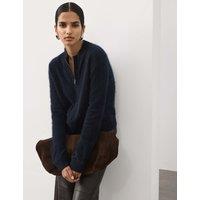 M&S Wool Rich Brushed Zip Up Cardigan with Cashmere Midnight Navy