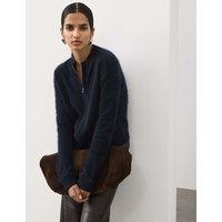 M&S Wool Rich Brushed Zip Up Cardigan with Cashmere Midnight Navy
