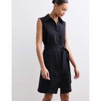 JAEGER Pure Linen Pleated Knee Length Shirt Dress Navy