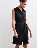 JAEGER Pure Linen Pleated Knee Length Shirt Dress Navy