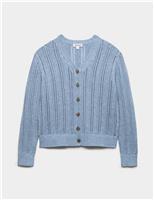 JAEGER Cotton Rich Textured Open Knit V-Neck Cardigan Blue