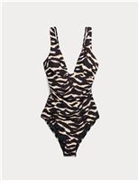 M&S Tummy Control Printed Deep Plunge Swimsuit Dark Brown Mix