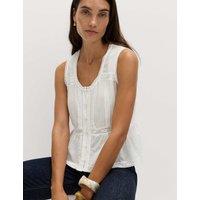 M&S Pure Cotton Lace Insert Peplum Top Soft White