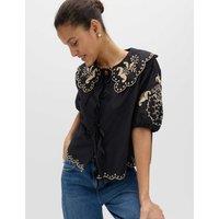 M&S Pure Cotton Embroidered Collared Blouse Black Mix
