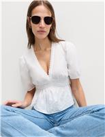M&S Pure Cotton Embroidered V-Neck Blouse Soft White