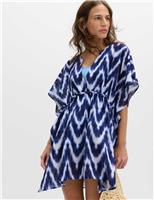 M&S Pure Cotton Printed V-Neck Mini Kaftan Dress Blue Mix