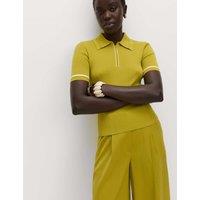 M&S Collared Half Zip Fitted Knitted Top Moss