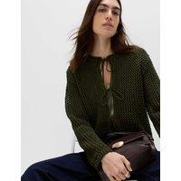M&S Textured Tie Front Slim Fit Cropped Cardigan Dark Khaki