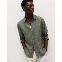 M&S Pure Linen Check Shirt Green Mix