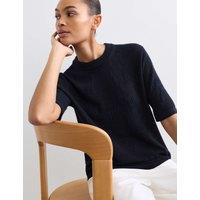 JAEGER Pure Merino Wool Pointelle Knitted T-Shirt Navy