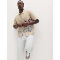 M&S Cotton Rich Embroidered Short Sleeve Shirt Natural