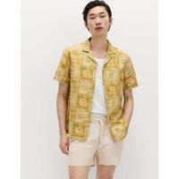 M&S Linen Rich Abstract Tile Print Shirt Olive Mix