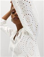 M&S Pure Cotton Broderie Tie Front Blouse Soft White