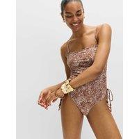 M&S Tummy Control Printed Wired Bandeau Swimsuit Soft Brown Mix