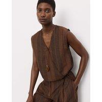 Autograph Pure Flax Linen Striped Wrap Top Brown Mix