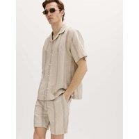 M&S Cotton Linen Blend Striped Short Sleeve Shirt Natural Mix