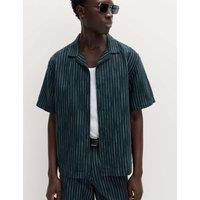 M&S Cotton Linen Blend Striped Short Sleeve Shirt Blue Mix
