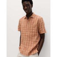 M&S Linen Rich Check Short Sleeve Shirt Orange Mix