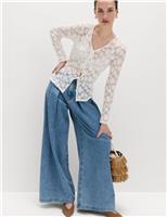 Cotton Blend Floral Lace Tie Front Top