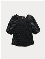 M&S Pure Cotton Printed Puff Sleeve Blouse Black Mix