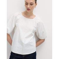 M&S Pure Cotton Printed Puff Sleeve Blouse Soft White