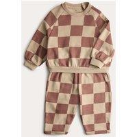 M&S 2pc Checked Sweatshirt & Joggers Outfit (0-6 Yrs) Brown